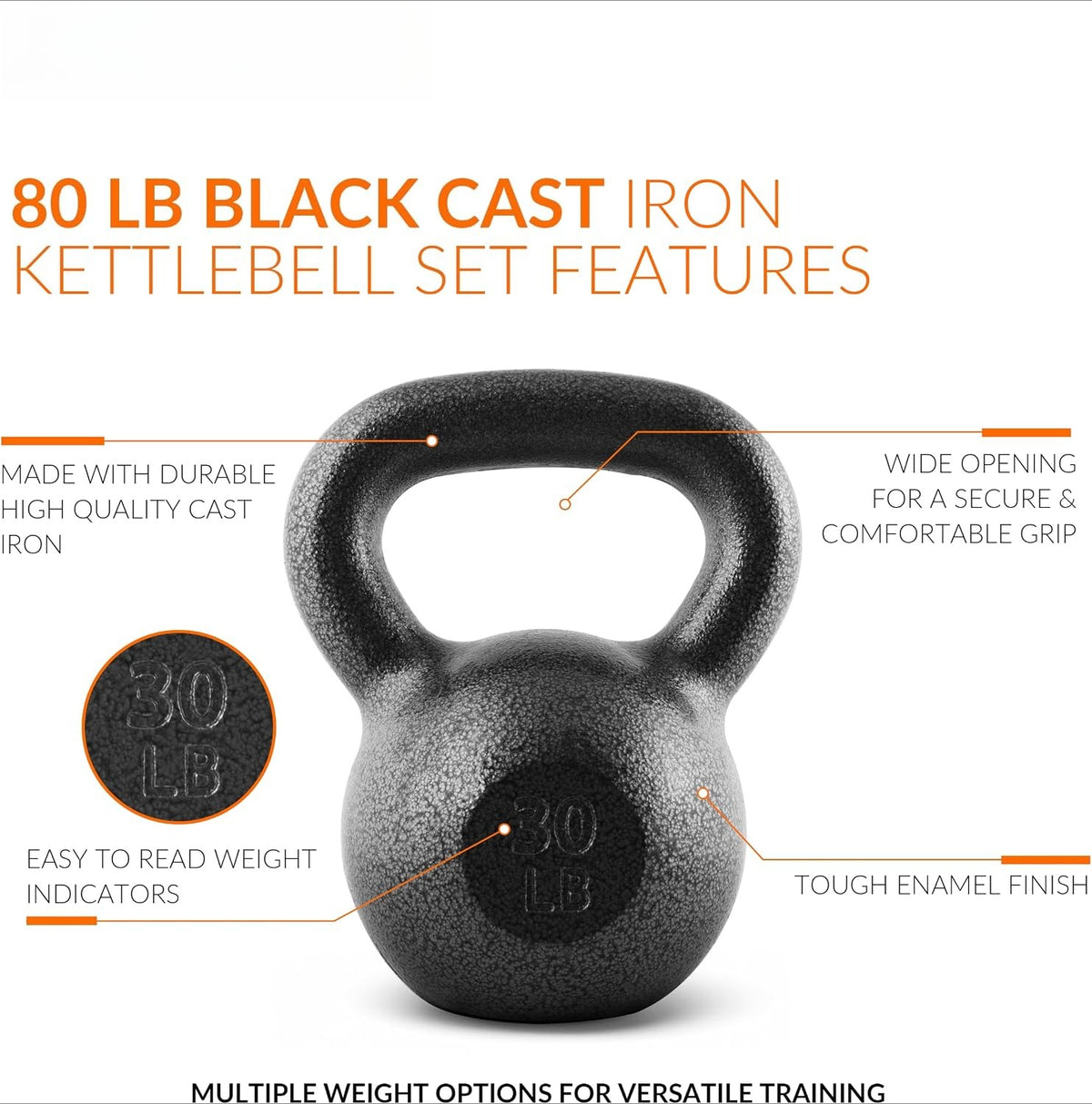 80‑Lbs Black Cast Iron Kettlebell Set
