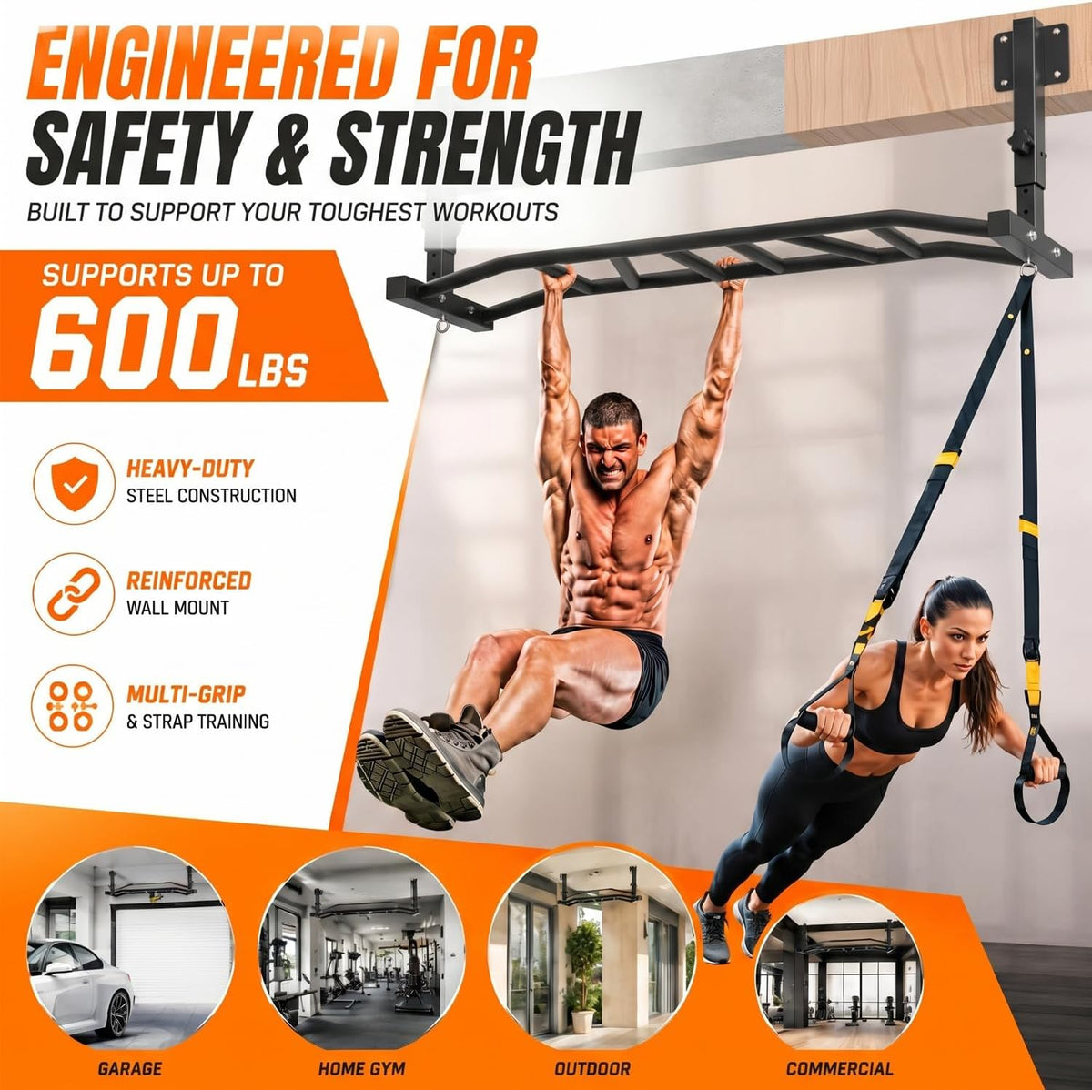 48" 600LBS Adjustable Ceiling‑Mount Pull‑Up Bar